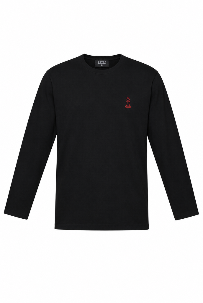 Signature Longsleeve Monaco Schwarz – Vorderansicht mit rotem Chess King Stick